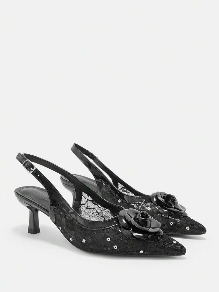 CUCCOO CURVES Women Shoes Wide Fit Fashion Pointed Stiletto Black Three-Dimensional Flower Back Strap Simple Classic Daily Comfort Fattened High Heel Women's Shoes Plus Size