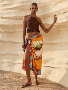 Maija Orange & Green Seashell Print Women's Wrap Skirt, Minimalist Design, Suitable For Beach Holiday - Multicolor - View 7