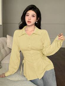Modelyn 女士休闲抽绳系带纯色衬衫，简约百搭，适合日常通勤，春秋季 - 黃色 - 查看 6