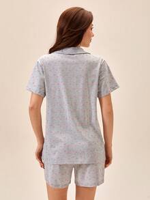 Loomlin 100% Cotton Minimal Heart Patterned 2 Pcs Short Sleeve Button Down Sleep Shirt Top & Elastic Waist Shorts,Light Pink,Summer,Casual,Home Pajama Set - Grey - View 2
