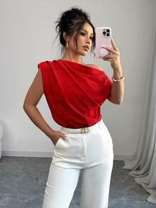 Elenzga New Spring/Summer Casual Ruched Asymmetric Neck Short Sleeve Blouse - Red - View 4