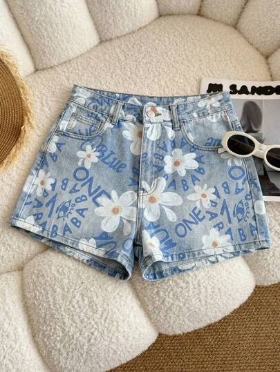 Rivivi 大码女式无弹力牛仔短裤，美式印花蓝色牛仔短裤，新款夏季简约印花休闲直筒中长牛仔短裤