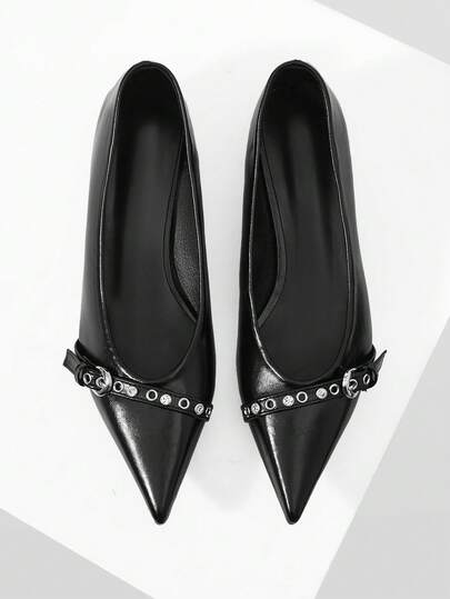 Mnmlis Women's Fashion, Women's Flat Shoes, Black PU Material, Pointed, Commuting, Comfort, Indoor, Office, Street, Party, Travel, Vacation, Four Seasons, Suitable For Dresses, Jeans, Shorts