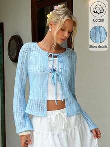 MainGRL Light Blue Traceable Cotton Tie Front Cardigan, Long Sleeve Sheer Textured Top, Spring Break Easter Vacation Boho Outfit For Women - Blue - View 1