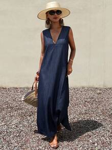 Livesso Casual Bohemian Blue Denim Effect Sleeveless Dress, Suitable For Spring/Summer Beach, Vacation, Commute Sun Dresses For Women - Blue - View 3