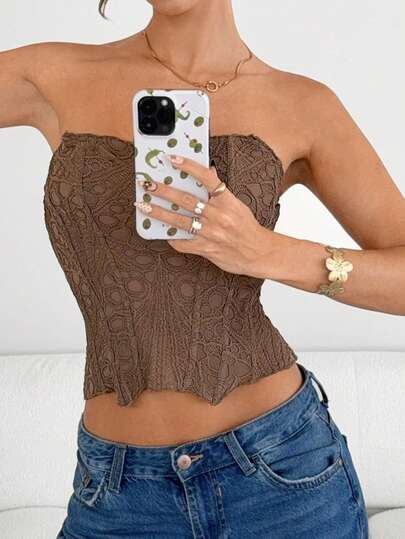 Siren Gaze Áo corset ren thanh lịch mùa hè cho nữ, áo crop top cúp ngực không dây cổ tim, trang phục đi biển, dự tiệc, áo hè màu nâu cho nữ, áo hè cho nữ, áo kiểu thường ngày cho nữ, quần áo mùa hè, trang phục mùa hè cho nữ, áo kiểu Y2K