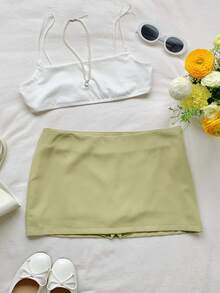 Comfortcana Women's Solid Green Minimalist Everyday Skirt - Green - View 4