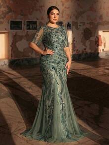 Serin Plus Size Elegant Romantic Mint Green Round Neck Mid-Sleeve Sheer Sequin Mesh Patchwork Formal Evening Dress For Mothers Dresses For Special Occasions Teal Luxury Evening Prom Luxury Evening Evening For Women Luxury Evening Luxury Evening Gown Evening Dresses Plus Size Luxury Dresses For Women Elegant Gowns - Green - View 2