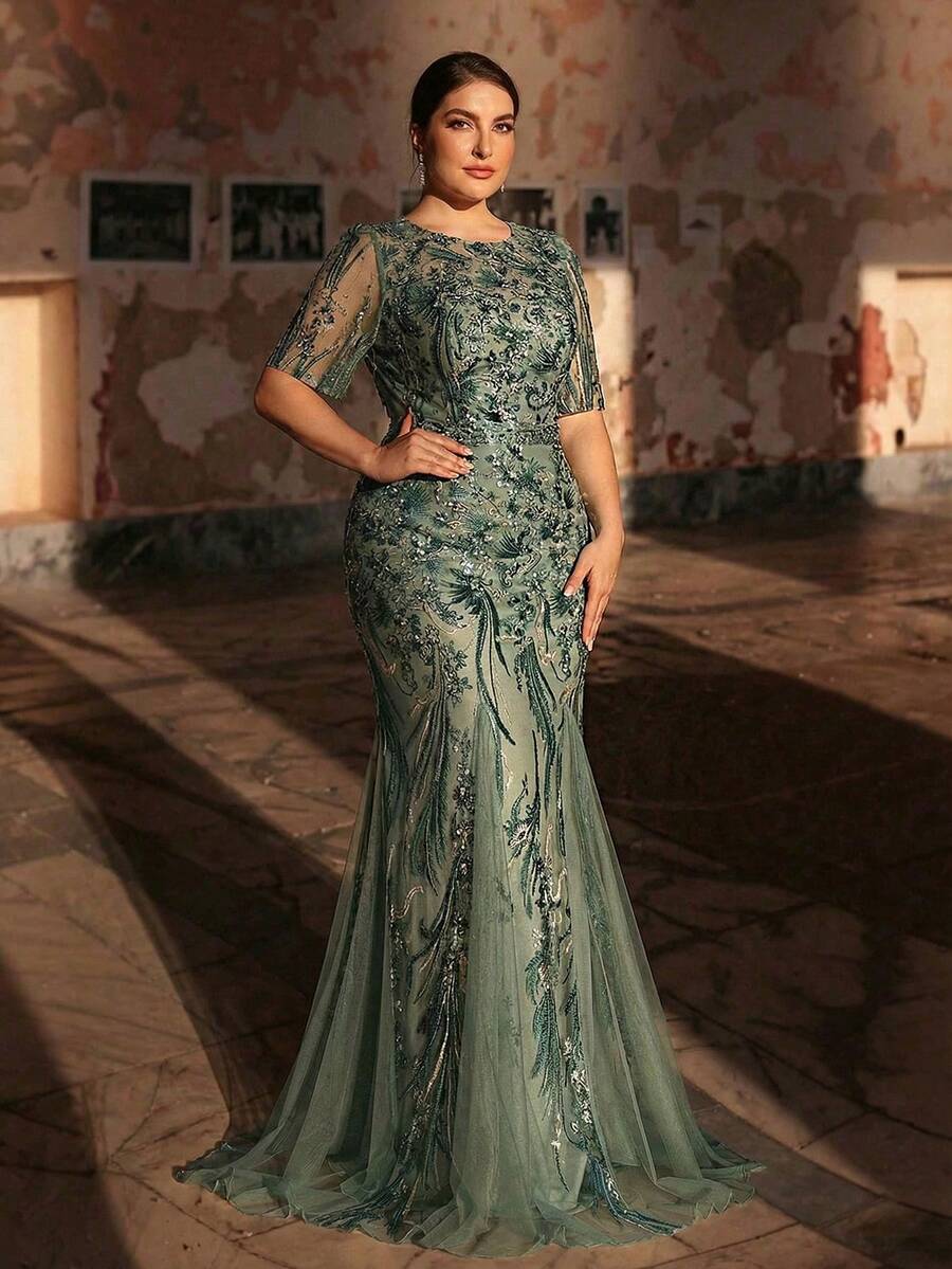 Serin Plus Size Elegant Romantic Mint Green Round Neck Mid-Sleeve Sheer Sequin Mesh Patchwork Formal Evening Dress For Mothers Dresses For Special Occasions Teal Luxury Evening Prom Luxury Evening Evening For Women Luxury Evening Luxury Evening Gown Evening Dresses Plus Size Luxury Dresses For Women Elegant Gowns