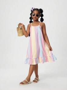 Girl Vacation Dress With Spaghetti Straps, Multicolored Stripe Print And Ruffled Hem. - Multicolor - View 5