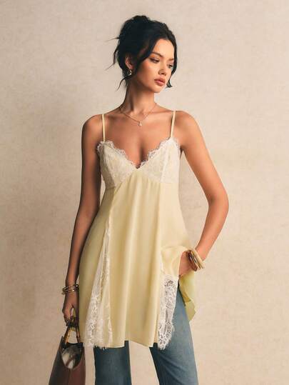 Poéselle Yellow Lace Spaghetti Strap Camisole For Women, Cute Elegant Summer Top Holiday Loungewear,Women's Lace Trim Casual Versatile Date Night Camisole Top