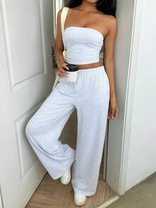 SHEIN EZwear 女士纯色抹胸上衣搭配阔腿裤休闲套装 - 灰色 - 查看 7