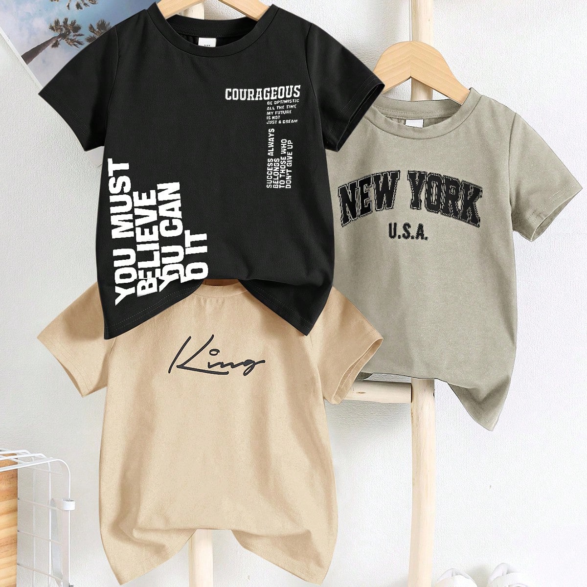 Set de 3 camisetas de punto con cuello redondo y estampado de letras casuales para niños preadolescentes, adecuadas para la escuela y salidas en prim