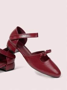 CUCCOO DOLLMOD Women's Shoes Round Toe Burgundy Bow Decoration Fashionable And Cute Mary Jane Thick Heel Hollow Shoes - Burgundy - View 1