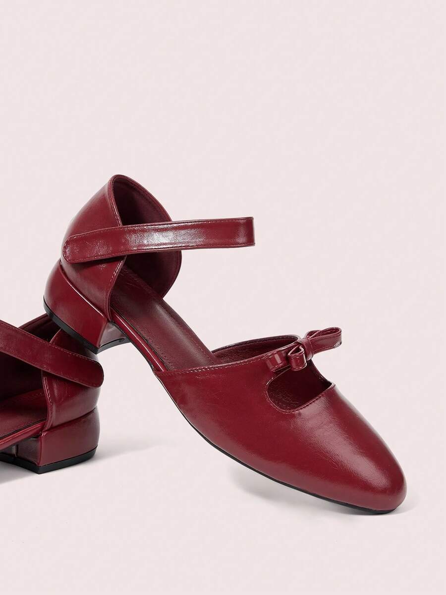 CUCCOO DOLLMOD Women's Shoes Round Toe Burgundy Bow Decoration Fashionable And Cute Mary Jane Thick Heel Hollow Shoes - Burgundy - View 1