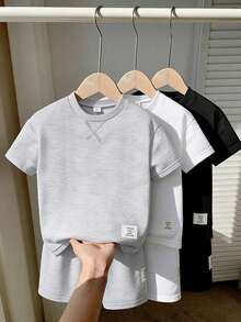 SHEIN Streecool Kids 6件套青少年男童运动休闲简约圆领T恤短裤套装，3种颜色（灰色、黑色、白色），舒适日常穿着，适合儿童 - 彩色 - 查看 7