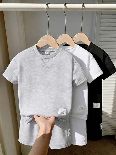 SHEIN Streecool Kids 6件套青少年男童运动休闲简约圆领T恤短裤套装，3种颜色（灰色、黑色、白色），舒适日常穿着，适合儿童