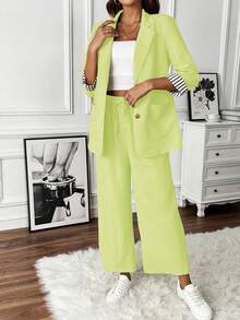 SHEIN Clasi Bộ đồ nữ gồm áo khoác màu xanh neon có cổ tay áo kẻ sọc và quần dài. - Màu vàng - Xem 5