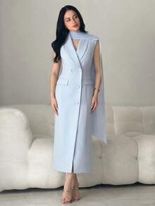 Modelyn Women's Long Scarf Collar Sleeveless Long Blazer - Blue - View 1