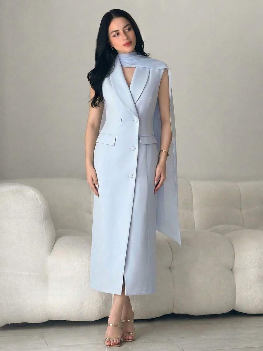 Modelyn Women's Long Scarf Collar Sleeveless Long Blazer - Blue - View 1