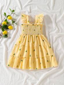 SHEIN Genkimix Kids Young Girls' Lemon Plaid Print Ruffle Strap Flare Sleeve Tiered Cake Dress,White,Summer,Fairy,Matching,Family Vacation,Holiday Beach Casual Outfit - Multicolor - View 2