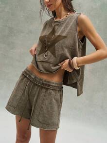 Bohemela 2pcs/Set Women Casual Solid Color Knit Loose Vest & Loose Shorts - Brown - View 4