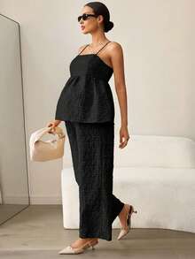 MaterniWear Maternity Summer Solid Color Jacquard Ruffle Hem Camisole And Pants 2 Pieces Set - Black - View 5