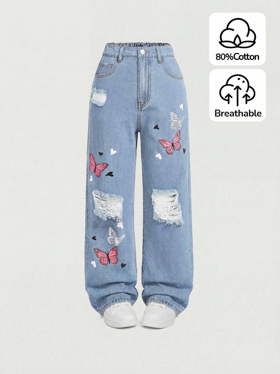SHEIN Girlism Chica adolescente Jeans de pierna recta con estampado de mariposa desgarro - Lavado ligero - Ver 1
