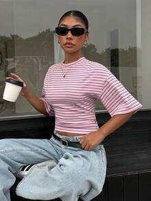 Muchica Áo thun dệt kim tay ngắn cổ tròn in sọc hồng, kiểu dáng thường ngày, dành cho nữ, thích hợp cho mùa hè. - Nhiều màu - Xem 5