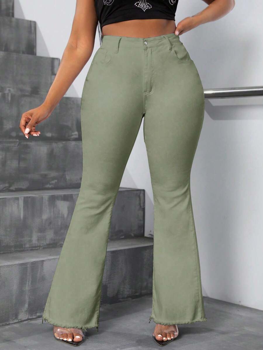 Slaydiva Plus Size Women Distressed Flare Jeans - Green - View 1