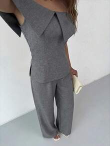 Aloruh New Summer Minimalist Commuter Outfit, Off Shoulder Crop Top With Side Slit And High-Waisted Wide-Leg Pants, Fashionable And Slimming - Dark Grey - View 7