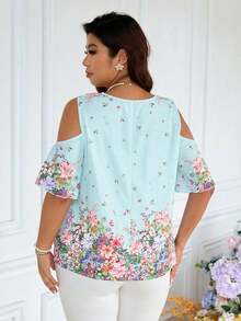 SHEIN Frenchy Áo kiểu trễ vai in hoa thời trang dành cho nữ cỡ lớn - Màu xanh nhạt - Xem 3