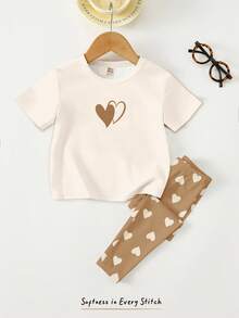 奶油白和卡其色，甜美简约爱心图案印花，可爱小鹿套装，女婴休闲舒适柔软圆领短袖T恤和打底裤，适合春夏日常、居家、度假、街头、派对等场合，春夏穿搭，轻松舒适，时尚女孩，休闲装，儿童爱心图案服装，春夏服装，时尚夏季，新款 - 白色 - 查看 4