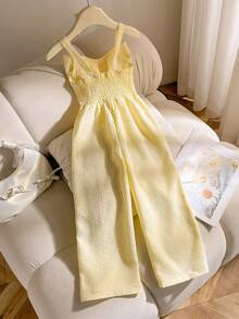 Souflis Souflis Young Girls Textured Floral Fabric Jumpsuit With Bow Strap, Suitable For Vacation And Daily Wear - Yellow - View 2