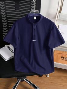 SHEIN Little Byeori 儿童/青少年男童休闲百搭舒适立领半拉链宽松套头短袖纯色针织polo衫，适合通勤、上学、日常休闲、度假、运动、春夏穿着。 - 藏蓝色 - 查看 7
