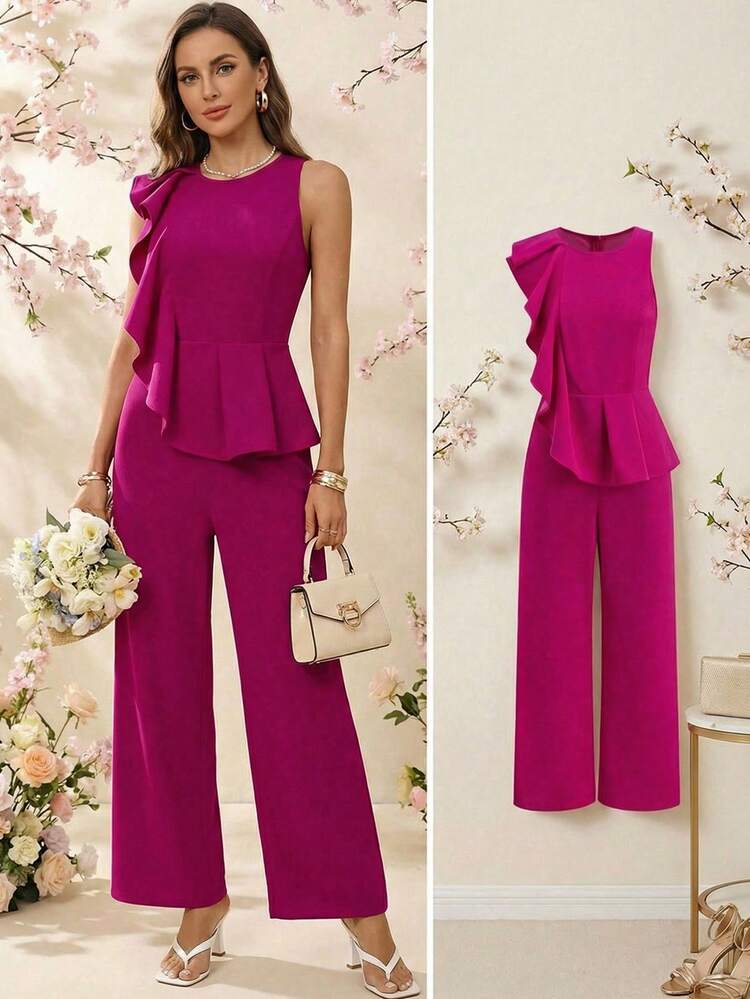 Editum Tuta elegante da donna con balze asimmetriche sul fondo, senza maniche, colore viola-rosso - Viola rosso - Visualizzare 11