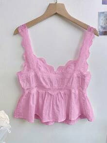 Comfortcana Plus Size Women Brown Lace Patchwork Pleated Sleeveless Tank Top, Spring/Summer Gym - Pink - View 6