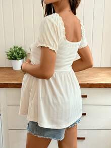 SHEIN 孕妇休闲度假日常通勤甜心领花瓣袖褶皱胸部娃娃衫，夏季 - 杏色 - 查看 2