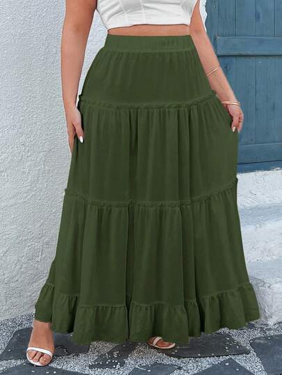 Vionelle Plus Size Women Elegant Vacation Ruffle Hem Solid Color A-Line Skirt