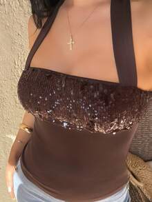 Vassilux Vintage Y2K Sequin Patchwork Slim Fit Racerback Tank Top For Women - Coffee Brown - View 3