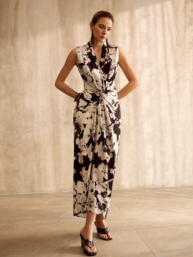 WOMEN'S LINEN BLEND DECONSTRUCTED DESIGN MID-LENGTH DRESS