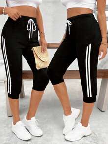 SHEIN LUNE Plus Size Women Drawstring Waist Skull Print Casual Versatile Capri Pants - Black - View 1