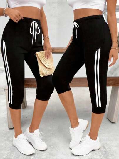 SHEIN LUNE Quần lửng nữ cỡ lớn có dây rút, in hình đầu lâu, kiểu dáng thường ngày, đa năng.