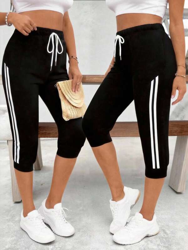 SHEIN LUNE Plus Size Women Drawstring Waist Skull Print Casual Versatile Capri Pants