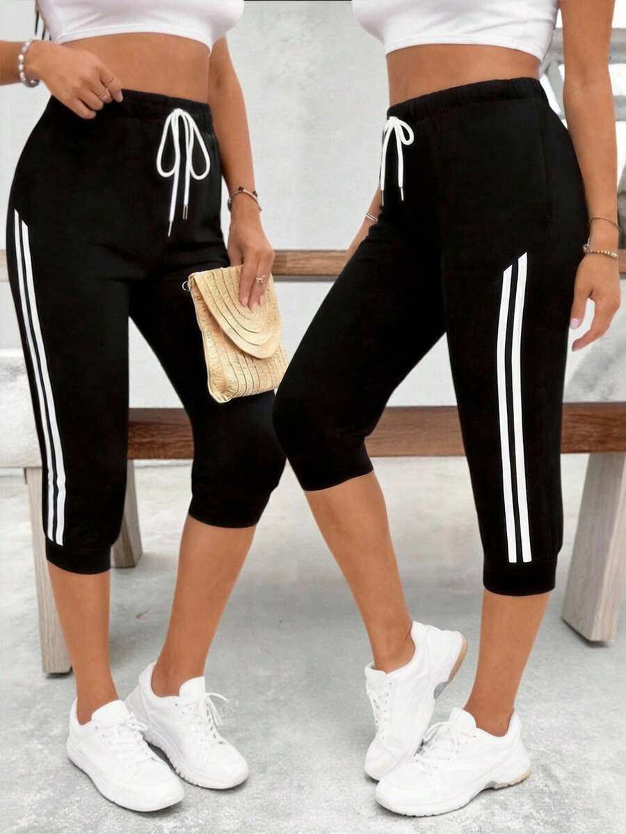 SHEIN LUNE Plus Size Women Drawstring Waist Skull Print Casual Versatile Capri Pants - Black - View 1