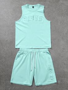 Manfinity Homme Plus Size Men's Letter Print Round Neck Tank Top And Slant Pocket Shorts Set - Green - View 3