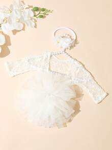 SHEIN 白色 2016 夏季美學攝影新生女嬰攝影套裝 1 個月 100 天 嬰兒粉色蕾絲連身褲附花朵頭飾 嬰兒道具 - 白色 - 查看 2