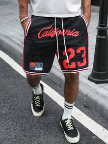 Manfinity Roghcode Men's Contrast Color Numeric Print Basketball Shorts Football - Black - View 4