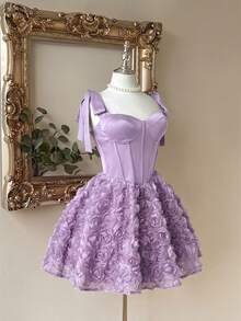 Lovelzi 优雅浪漫的时尚缎面无肩带美人鱼礼服，饰有3D立体花朵和荷叶边裙摆，适合单身派对、婚礼、毕业典礼、度假、下午茶、晚宴等场合。 - 淡紫色 - 查看 6