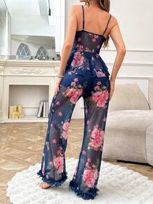 Slumberist 女士印花褶皱吊带背心和裤子休闲家居服套装 - 藏蓝色 - 查看 2